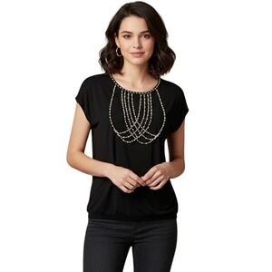 Women's Nylon Apparel Black Top‎ with Pearl Beaded Detail Size M